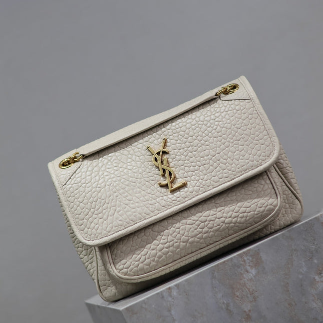 NIKI MEDIUM 28 IN WHITE ELEPHANT PATTERN LAMBSKIN GOLD LOGO