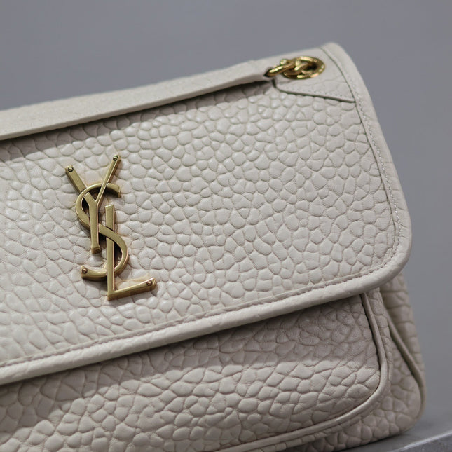 NIKI MEDIUM 28 IN WHITE ELEPHANT PATTERN LAMBSKIN GOLD LOGO