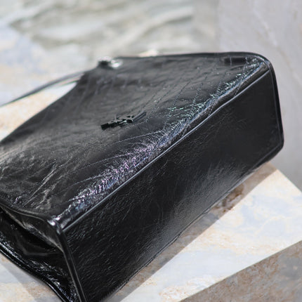 NIKI SHOPPING BAG 39 IN BLACK CRUMPLED CALFSKIN SILVER HARDWARE