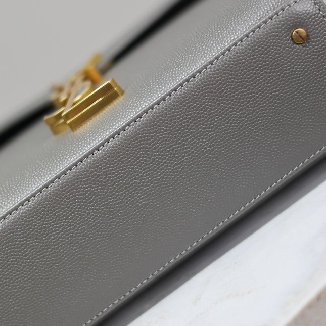 CASSANDRA MINI TOP HANDLE BAG 20 IN GRAY CALFSKIN GOLD HARDWARE