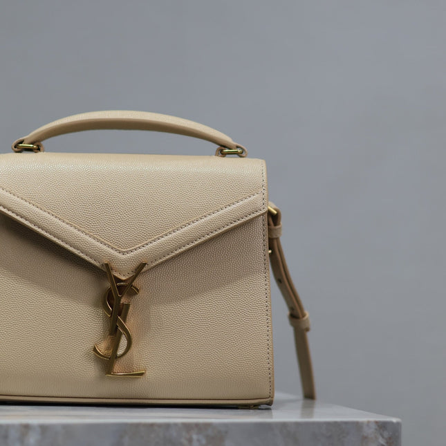 CASSANDRA MINI TOP HANDLE BAG 20 IN BEIGE CALFSKIN GOLD HARDWARE