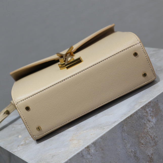 CASSANDRA MINI TOP HANDLE BAG 20 IN BEIGE CALFSKIN GOLD HARDWARE