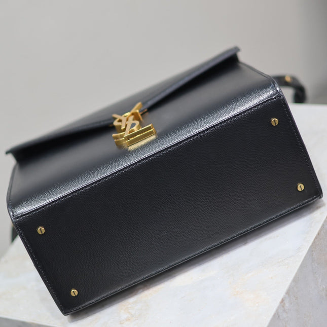 CASSANDRA TOP HANDLE BAG 24 IN BLACK CALFSKIN GOLD HARDWARE