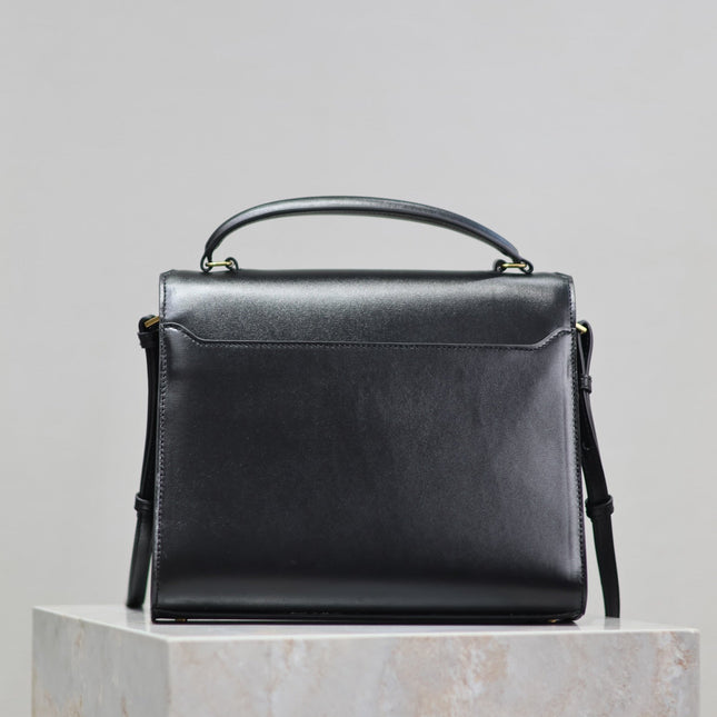 CASSANDRA TOP HANDLE BAG 24 IN BLACK SMOOTH LAMBSKIN GOLD HARDWARE