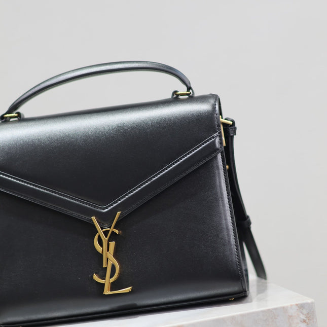 CASSANDRA TOP HANDLE BAG 24 IN BLACK SMOOTH LAMBSKIN GOLD HARDWARE