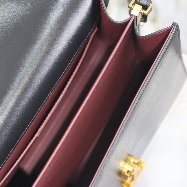 CASSANDRA TOP HANDLE BAG 24 IN BLACK SMOOTH LAMBSKIN GOLD HARDWARE