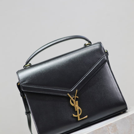 CASSANDRA TOP HANDLE BAG 24 IN BLACK SMOOTH LAMBSKIN GOLD HARDWARE