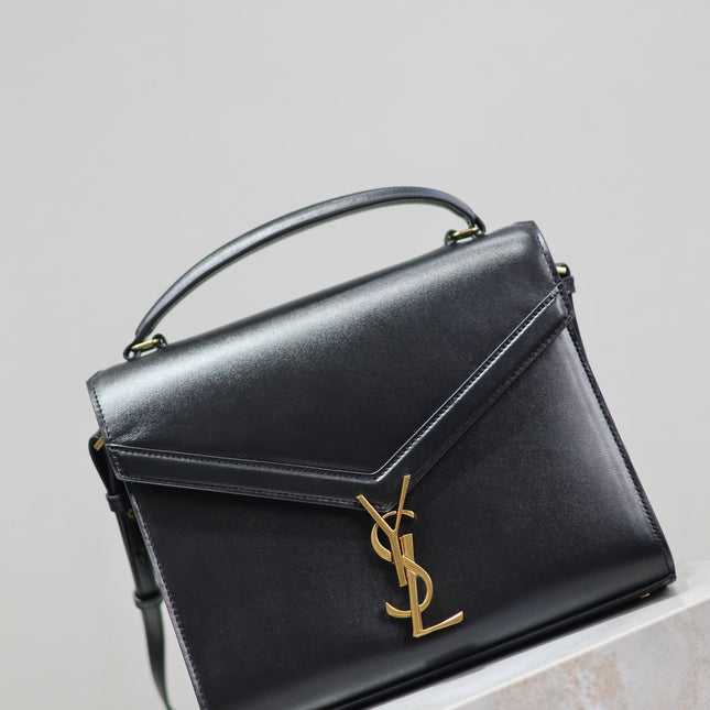 CASSANDRA TOP HANDLE BAG 24 IN BLACK SMOOTH LAMBSKIN GOLD HARDWARE