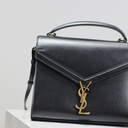 CASSANDRA TOP HANDLE BAG 24 IN BLACK SMOOTH LAMBSKIN GOLD HARDWARE
