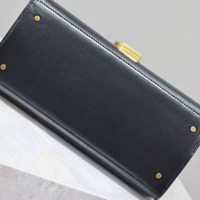 CASSANDRA TOP HANDLE BAG 24 IN BLACK SMOOTH LAMBSKIN GOLD HARDWARE