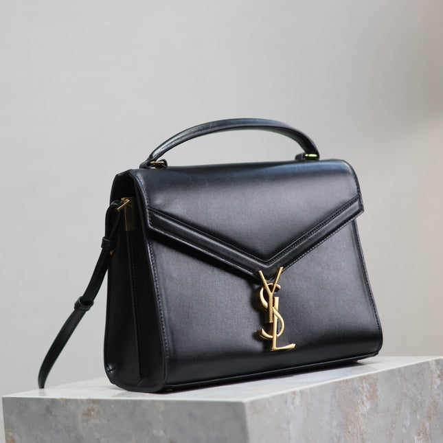 CASSANDRA TOP HANDLE BAG 24 IN BLACK SMOOTH LAMBSKIN GOLD HARDWARE