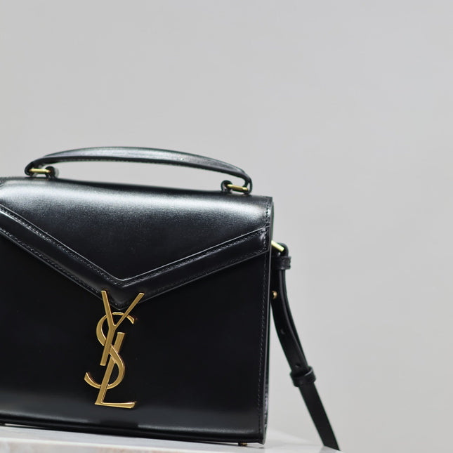 CASSANDRA MINI TOP HANDLE BAG 20 IN BLACK SMOOTH LAMBSKIN GOLD HARDWARE