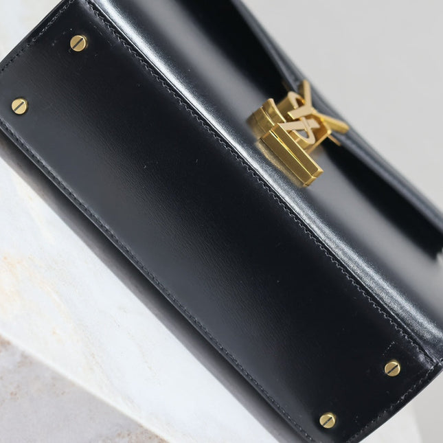 CASSANDRA MINI TOP HANDLE BAG 20 IN BLACK SMOOTH LAMBSKIN GOLD HARDWARE