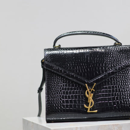 CASSANDRA TOP HANDLE BAG 24 IN BLACK CROCODILE-EMBOSSED GLOSSY CALFSKIN