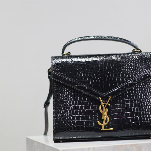CASSANDRA TOP HANDLE BAG 24 IN BLACK CROCODILE-EMBOSSED GLOSSY CALFSKIN