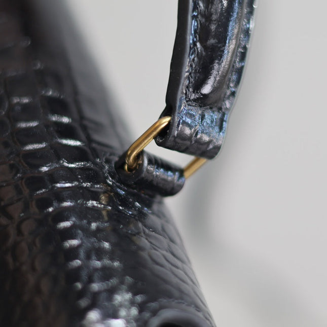 CASSANDRA TOP HANDLE BAG 24 IN BLACK CROCODILE-EMBOSSED GLOSSY CALFSKIN