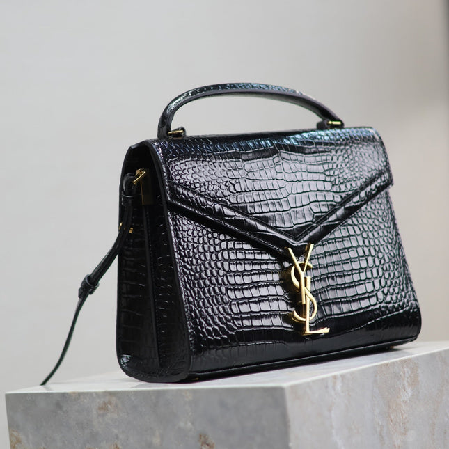 CASSANDRA TOP HANDLE BAG 24 IN BLACK CROCODILE-EMBOSSED GLOSSY CALFSKIN