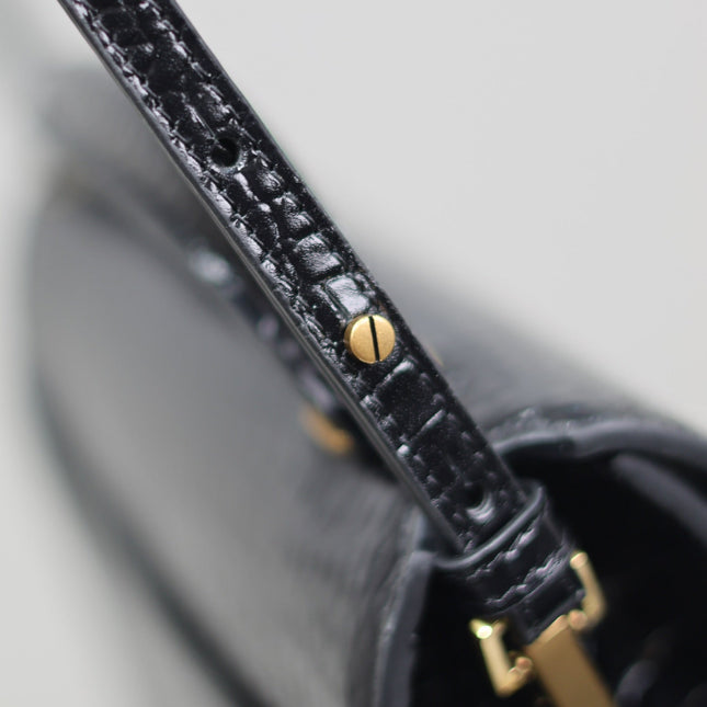 CASSANDRA TOP HANDLE BAG 24 IN BLACK CROCODILE-EMBOSSED GLOSSY CALFSKIN