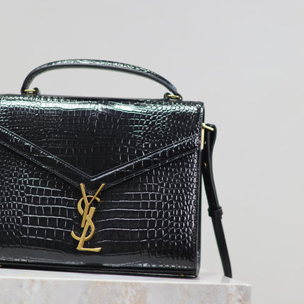 CASSANDRA TOP HANDLE BAG 24 IN BLACK CROCODILE-EMBOSSED GLOSSY CALFSKIN