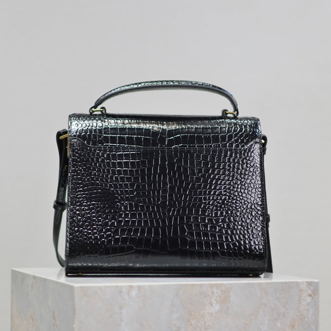 CASSANDRA TOP HANDLE BAG 24 IN BLACK CROCODILE-EMBOSSED GLOSSY CALFSKIN