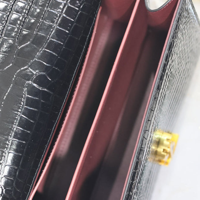CASSANDRA TOP HANDLE BAG 24 IN BLACK CROCODILE-EMBOSSED GLOSSY CALFSKIN