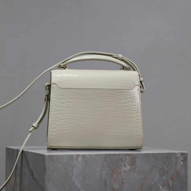 CASSANDRA MINI TOP HANDLE BAG 20 IN WHITE CROCODILE-EMBOSSED GLOSSY CALFSKIN