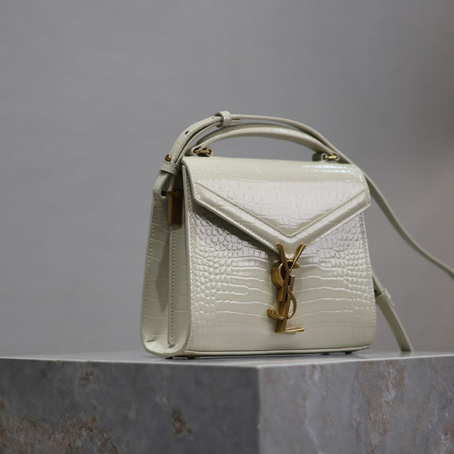 CASSANDRA MINI TOP HANDLE BAG 20 IN WHITE CROCODILE-EMBOSSED GLOSSY CALFSKIN