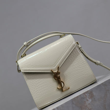 CASSANDRA MINI TOP HANDLE BAG 20 IN WHITE CROCODILE-EMBOSSED GLOSSY CALFSKIN