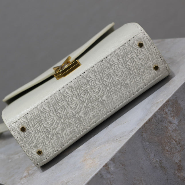 CASSANDRA MINI TOP HANDLE BAG 20 IN WHITE CROCODILE-EMBOSSED GLOSSY CALFSKIN
