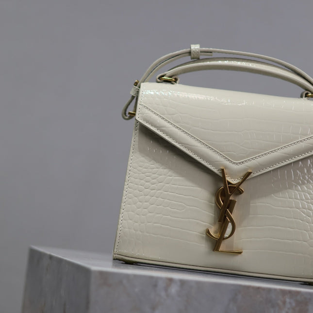 CASSANDRA MINI TOP HANDLE BAG 20 IN WHITE CROCODILE-EMBOSSED GLOSSY CALFSKIN