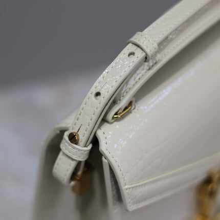 CASSANDRA MINI TOP HANDLE BAG 20 IN WHITE CROCODILE-EMBOSSED GLOSSY CALFSKIN