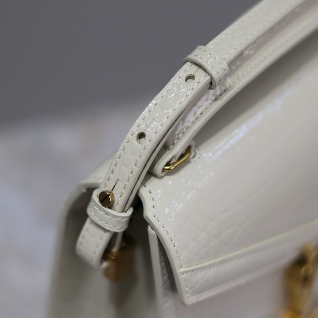 CASSANDRA MINI TOP HANDLE BAG 20 IN WHITE CROCODILE-EMBOSSED GLOSSY CALFSKIN