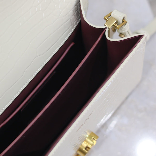 CASSANDRA MINI TOP HANDLE BAG 20 IN WHITE CROCODILE-EMBOSSED GLOSSY CALFSKIN