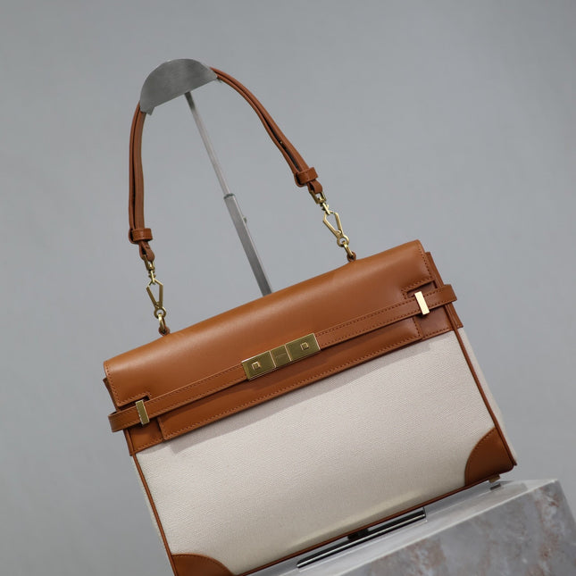MANHATTAN HANDBAG 32 IN BROWN CALFSKIN AND WHITE CANVAS GOLD HARDWARE