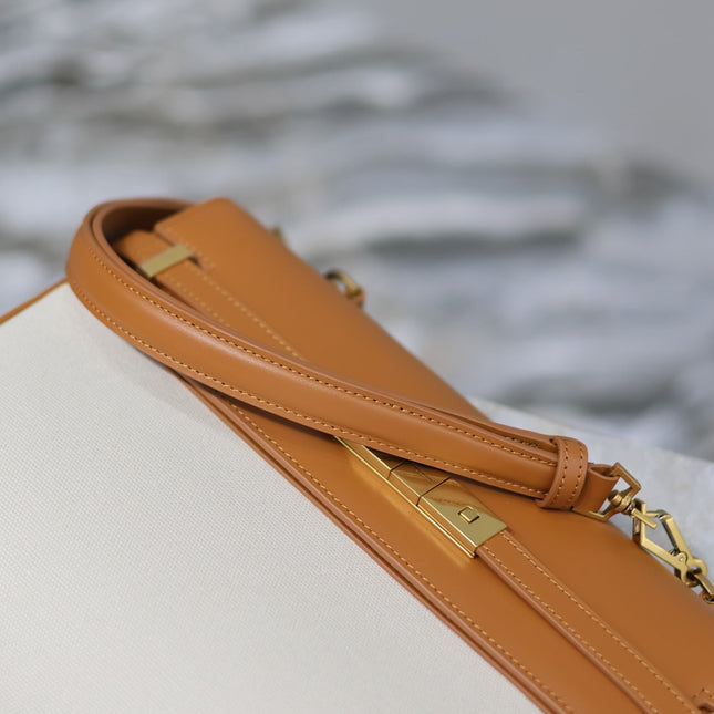 MANHATTAN HANDBAG 32 IN BROWN CALFSKIN AND WHITE CANVAS GOLD HARDWARE