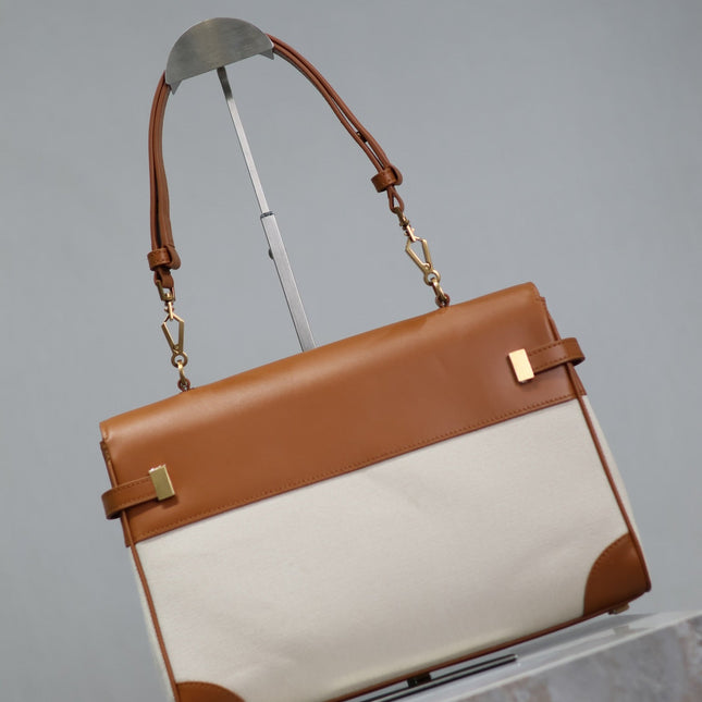 MANHATTAN HANDBAG 32 IN BROWN CALFSKIN AND WHITE CANVAS GOLD HARDWARE