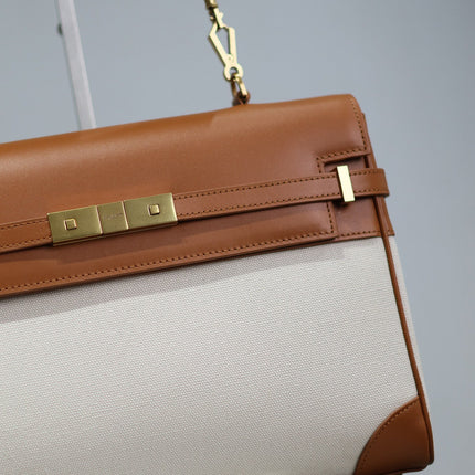 MANHATTAN HANDBAG 32 IN BROWN CALFSKIN AND WHITE CANVAS GOLD HARDWARE