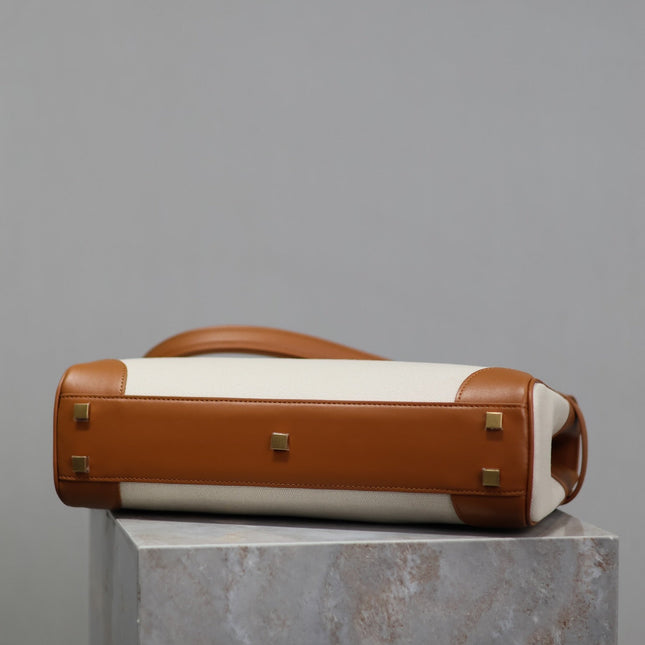 MANHATTAN HANDBAG 32 IN BROWN CALFSKIN AND WHITE CANVAS GOLD HARDWARE