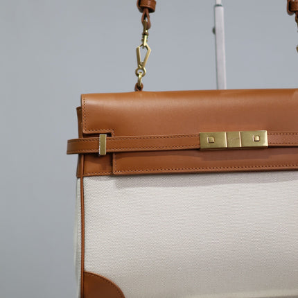 MANHATTAN HANDBAG 32 IN BROWN CALFSKIN AND WHITE CANVAS GOLD HARDWARE