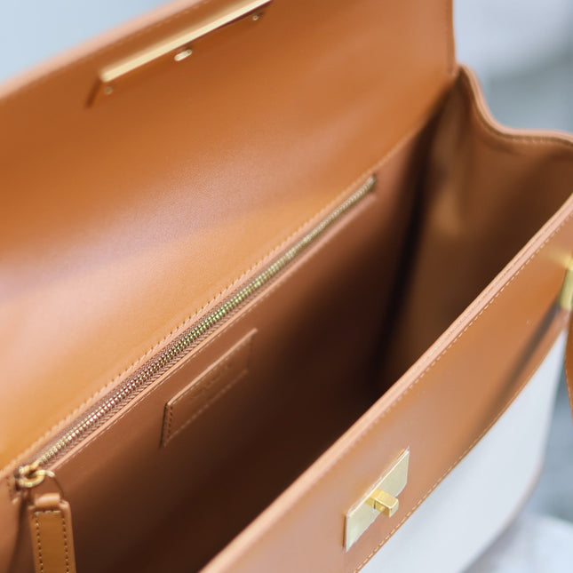 MANHATTAN HANDBAG 32 IN BROWN CALFSKIN AND WHITE CANVAS GOLD HARDWARE