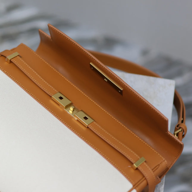 MANHATTAN HANDBAG 32 IN BROWN CALFSKIN AND WHITE CANVAS GOLD HARDWARE