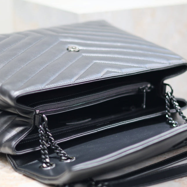 LOULOU LARGE 36 IN BLACK QUILTED CALFSKIN BLACK HARDWARE