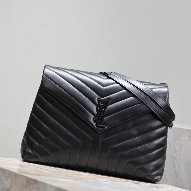 LOULOU LARGE 36 IN BLACK QUILTED CALFSKIN BLACK HARDWARE