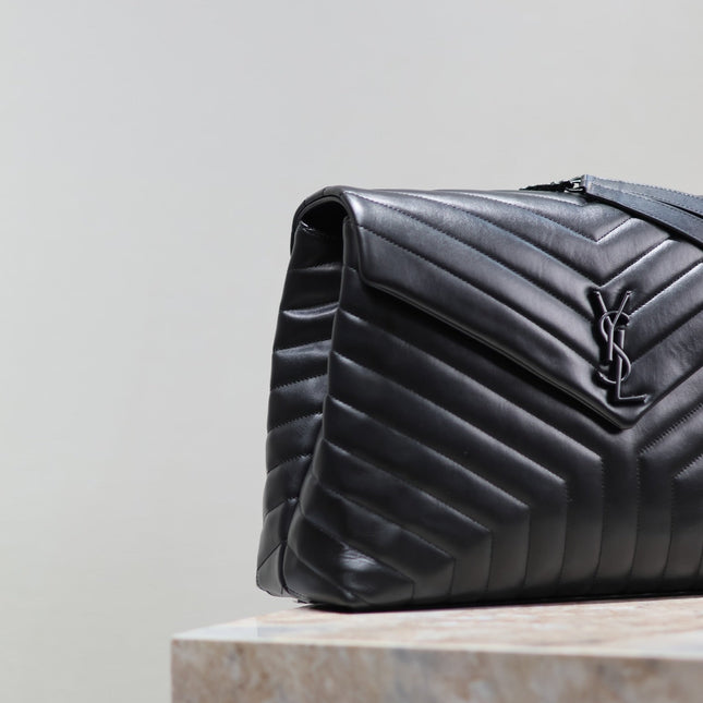 LOULOU LARGE 36 IN BLACK QUILTED CALFSKIN BLACK HARDWARE