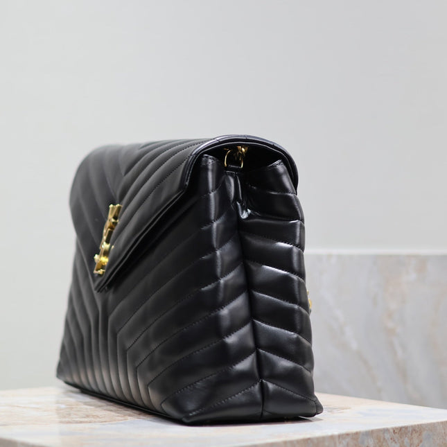 LOULOU LARGE 36 IN BLACK QUILTED CALFSKIN GOLD HARDWARE