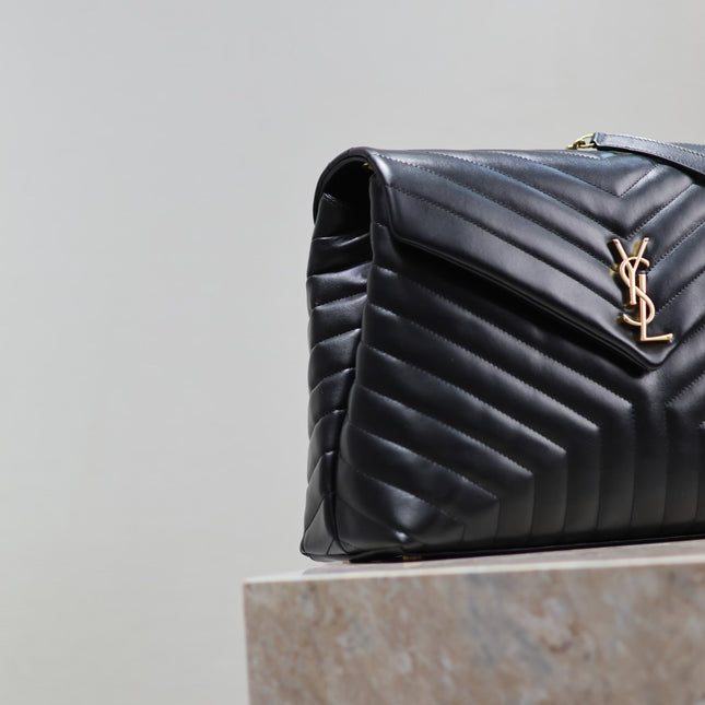 LOULOU LARGE 36 IN BLACK QUILTED CALFSKIN GOLD HARDWARE