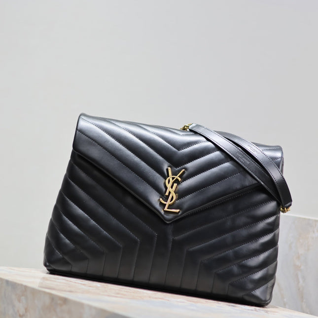 LOULOU LARGE 36 IN BLACK QUILTED CALFSKIN GOLD HARDWARE