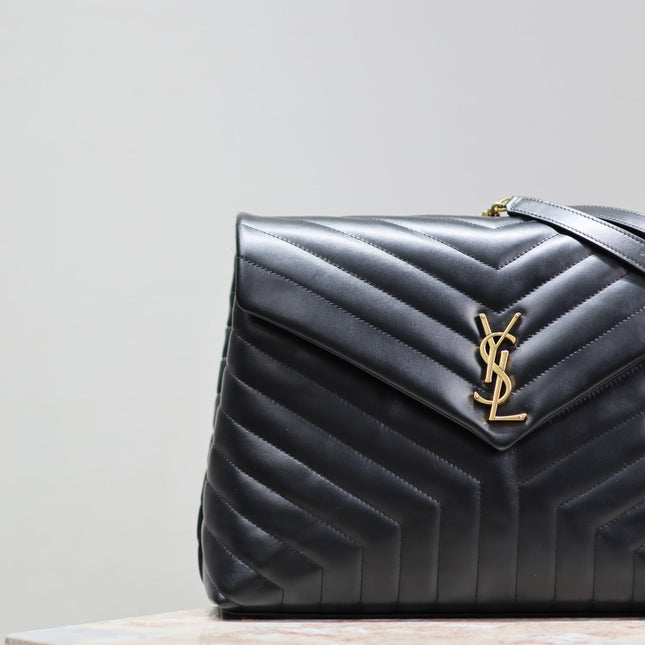 LOULOU LARGE 36 IN BLACK QUILTED CALFSKIN GOLD HARDWARE