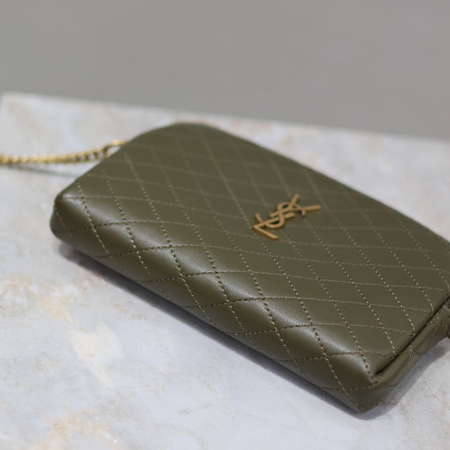 GABY ZIPPED POUCH 19 IN UNIFORM GREEN QUILTED LAMBSKIN GOLD HARDWARE