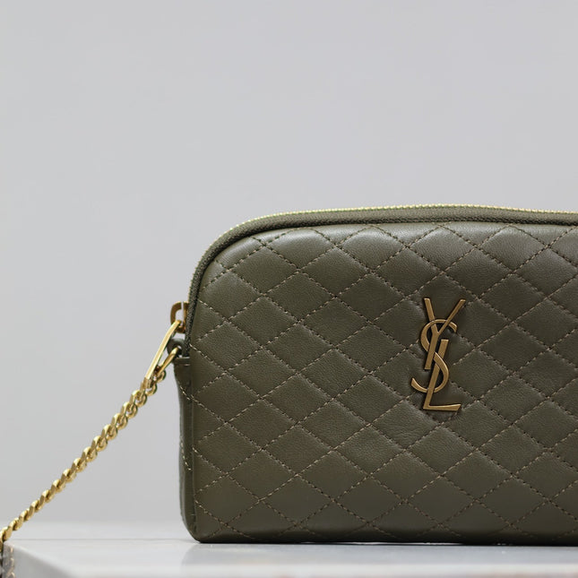 GABY ZIPPED POUCH 19 IN UNIFORM GREEN QUILTED LAMBSKIN GOLD HARDWARE